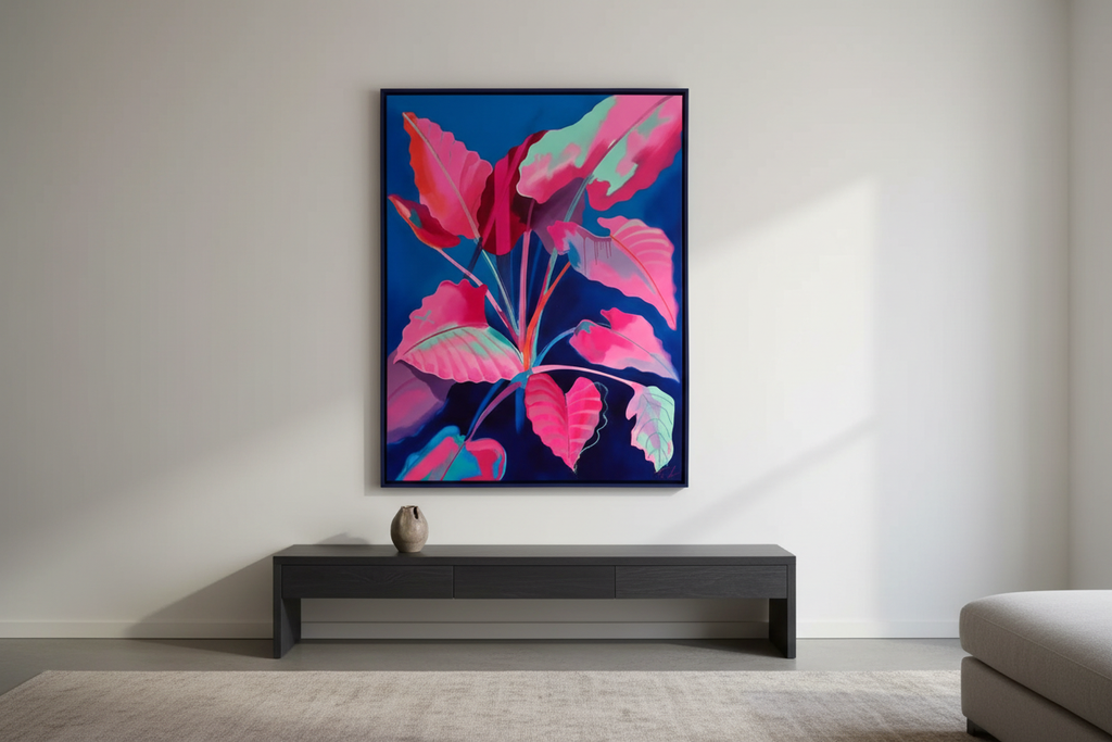 Tim Fowler – Pink Elephant (160 × 125 cm) hung in a contemporary London living room interior, showing scale against a smoked oak console and warm white wall